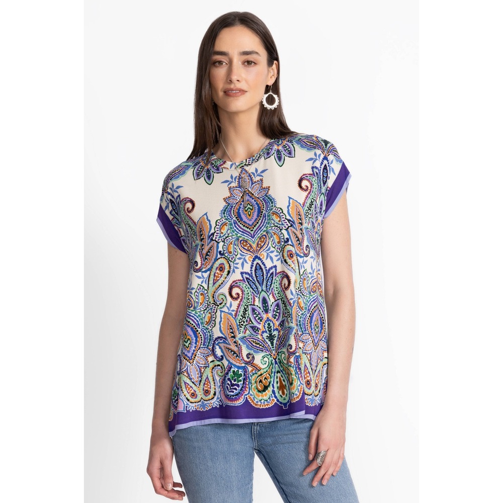 Johnny Was Silk Blend Paisley Print Cap Sleeve Relaxed Top Cream Purple Medium